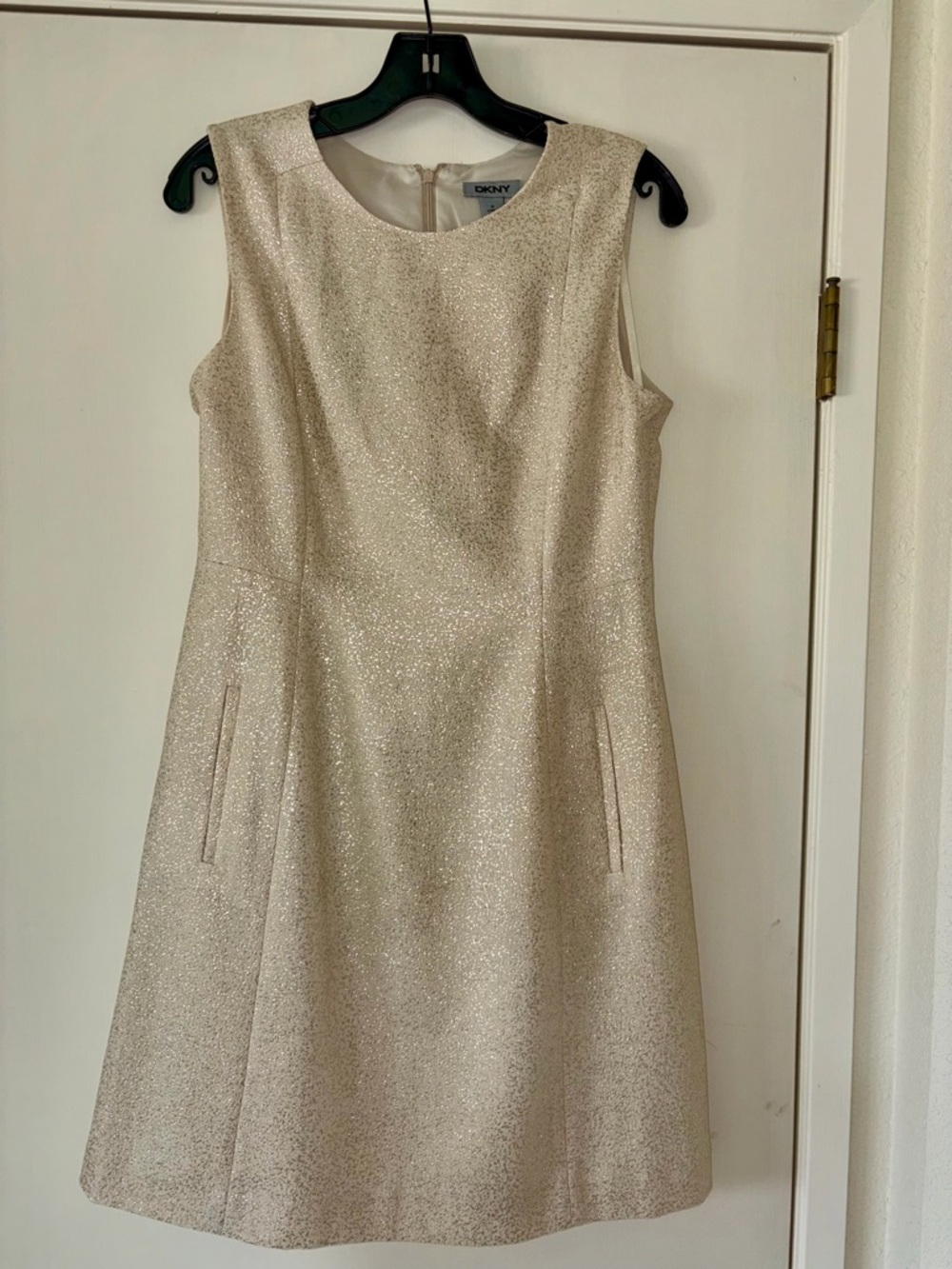 DKNY Metallic Sheath Midi Dress in Light Champagne